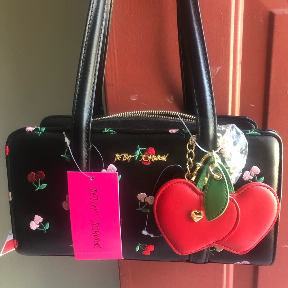 Betsey Johnson Black Satchel with Red Cherry Charm and Pink Embroidery